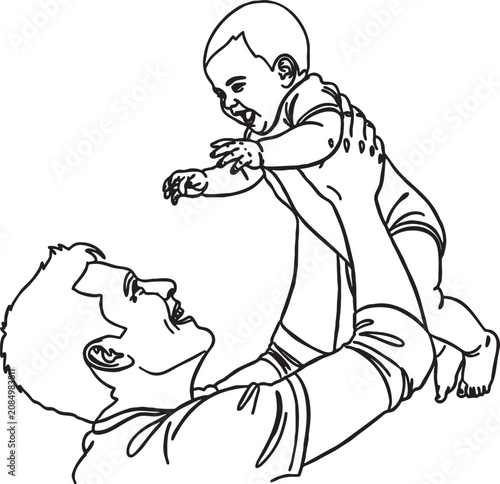 фотографія Creative single line illustration featuring a father lifting his laughing baby u