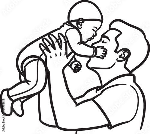 Фотография Line art drawing of a loving father holding his baby up high with black and whit