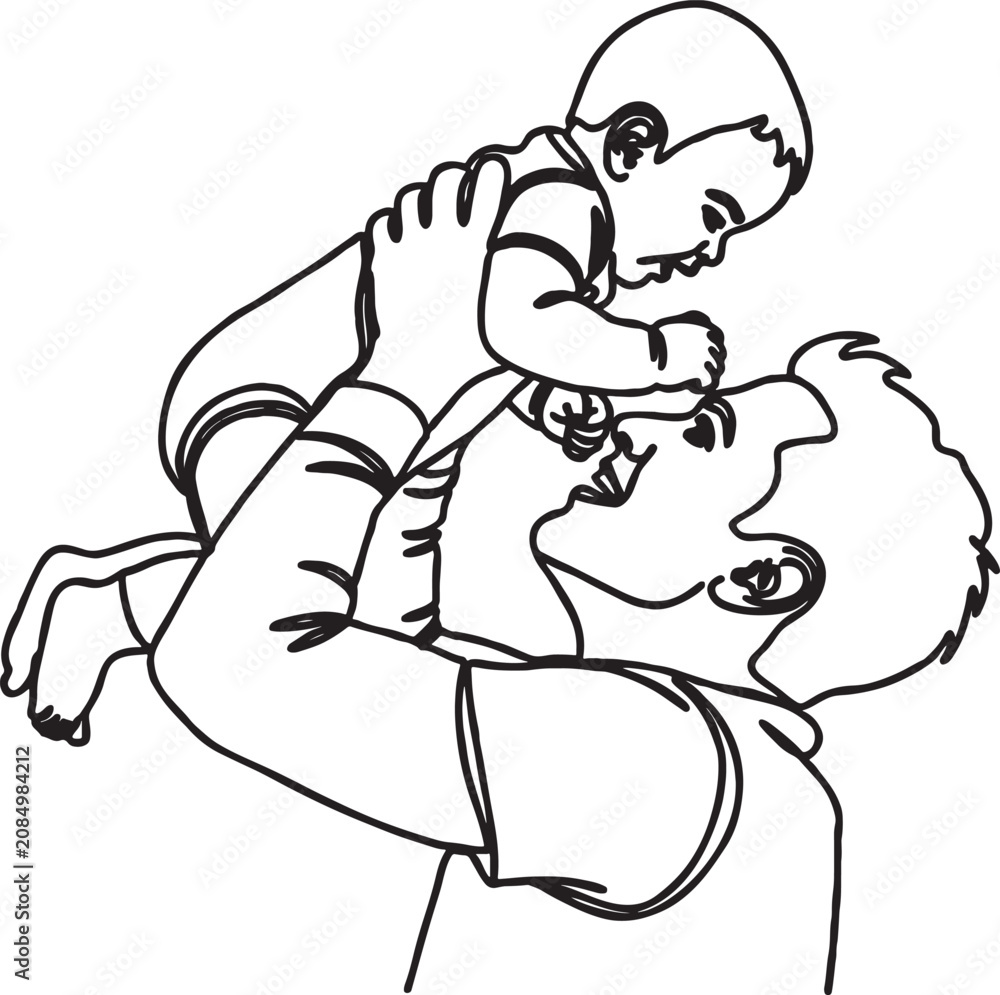 Fototapeta premium Stylized black and white sketch of a father holding his infant child high up with love parenting illustration monochrome caregiving nurturing affection happiness upbringing daughter