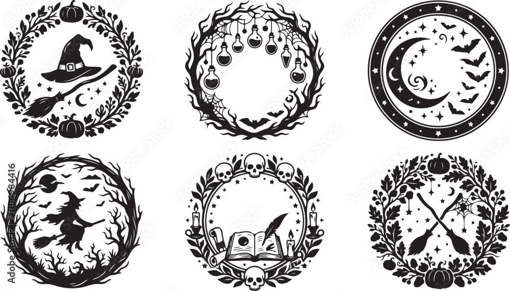 Naklejka premium Halloween icons, witchcraft symbols, black vector set, 6 circular badges