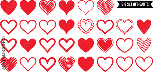Foto Collection of Red Hearts: A vibrant assortment of red hearts, each unique in its design and texture, displayed in a grid