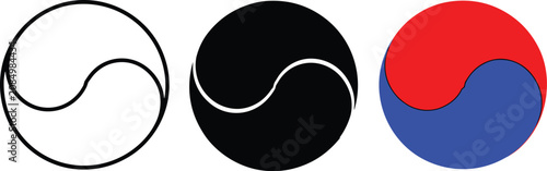 Cuadro en lienzo Abstract Symbolism: Three circular symbols illustrating abstract wavy lines in black and white and in red, white, and blue, representing balance and duality in a clean, graphic style