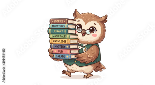 Cute cartoon owl carrying a stack of books, illustration for children's education and reading