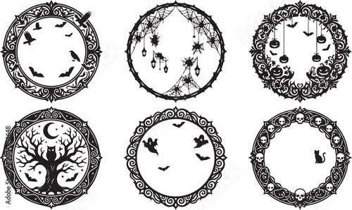  Halloween wreath frames, 6 black and white vector illustrations, circular borders, seasonal decorations, clip art set