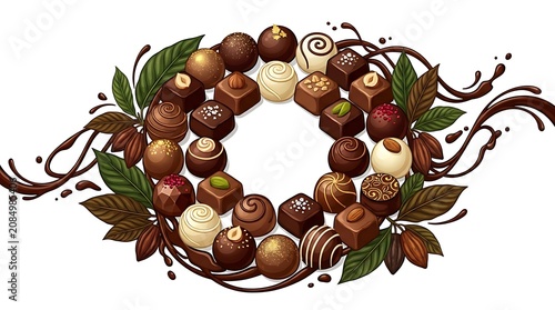 Assortment of Gourmet Chocolates Arranged in a Circular Wreath Shape with Chocolate Drizzle and Leaves.
