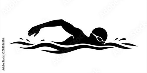 Fotografi Stickman swimming stroke silhouette set, Stickman swimmer freestyle and backstroke icons, Stickman aquatic sport athlete collection