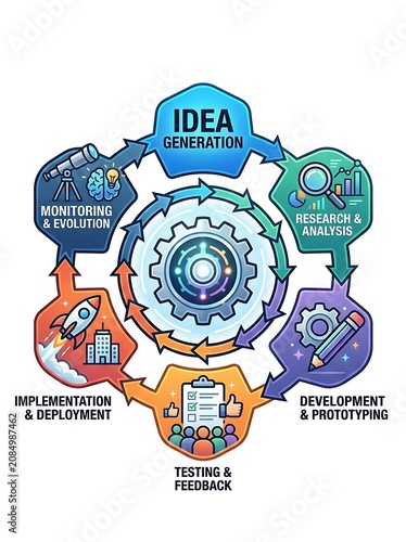 Business development cycle infographic showing project management stages