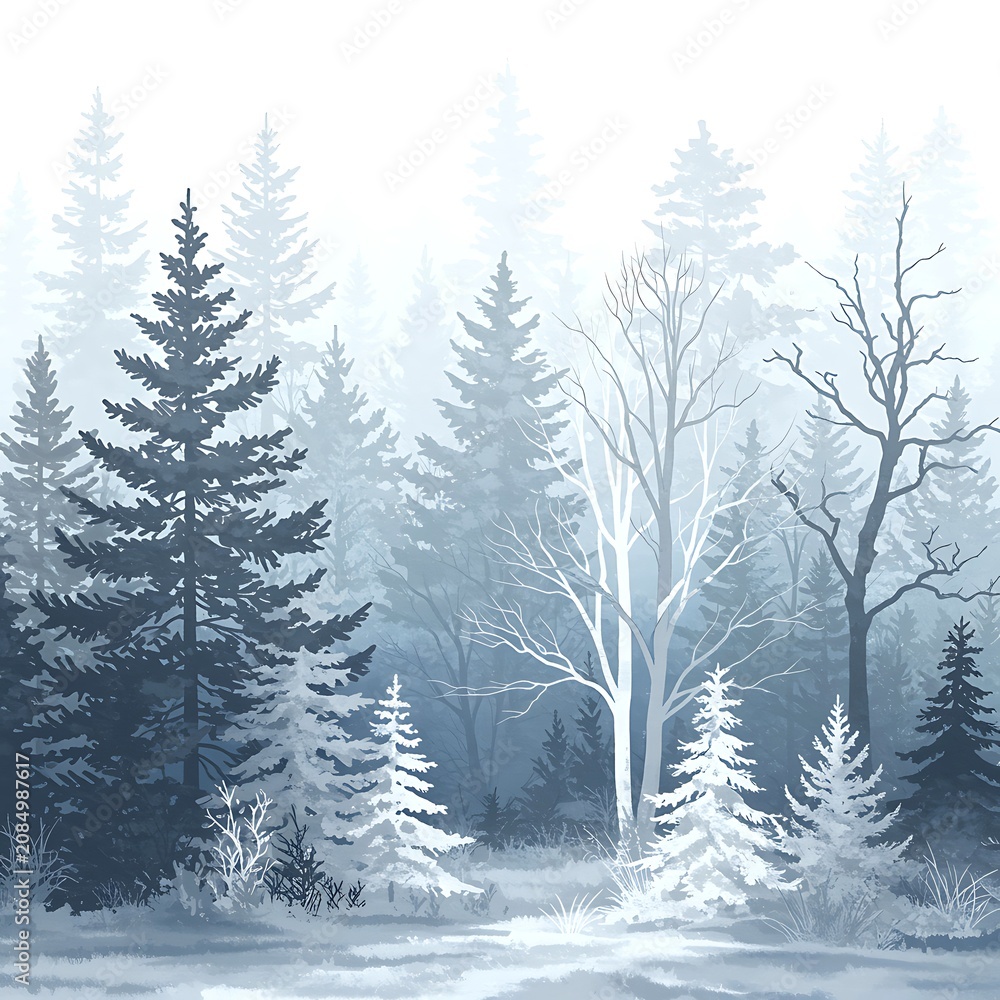 Fototapeta premium Peaceful Winter Forest Landscape with Snow Covered Pine Trees Flat Nature Illustration Isolated on White Background