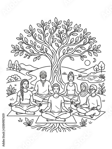 Diverse people meditating under a large tree in nature