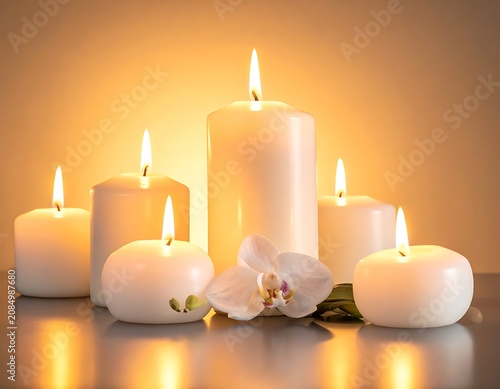 White candles and flower peaceful ambiance.