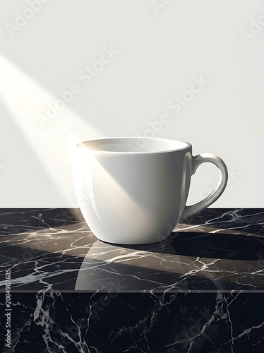 White ceramic cup on black marble surface with morning sunlight beam