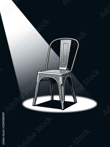 Modern metal chair illuminated by a bright spotlight on a dark stage