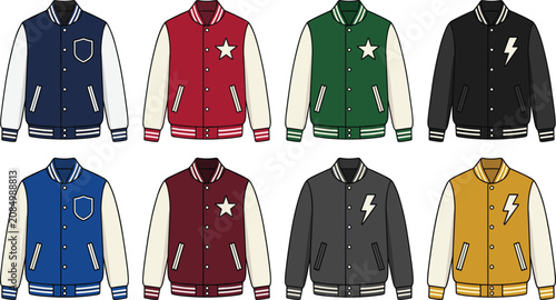 Foto Classic varsity jacket collection featuring colorful letterman bomber coats with