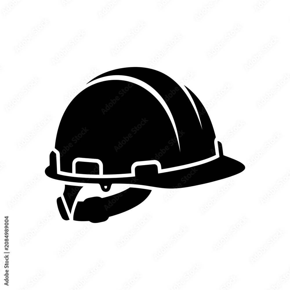 Fototapeta premium Minimalist black hard hat and safety helmet construction icon used for industrial protection and professional work wear on building sites.