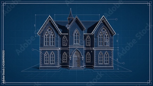 Gothic house blueprint with dimensions architectural vector illustration