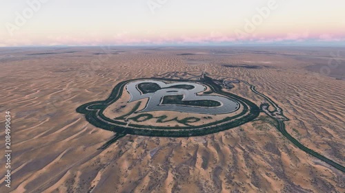 Circular aerial view at sunset of Love Lake. Dubai. United Arab Emirates