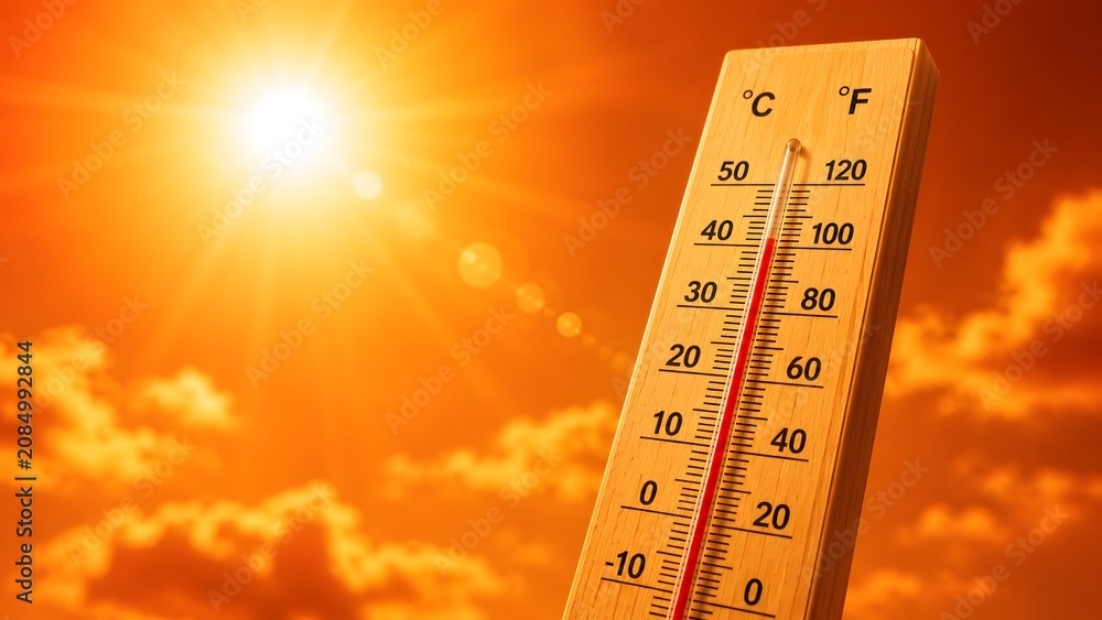 Fototapeta premium Severe heatwave concept with a record high temperature thermometer under an intense burning sun and red sky