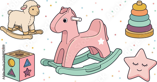 Εκτύπωση καμβά Cute baby nursery toys vector illustration collection featuring pink rocking horse plush lamb sorter cube stacking rings and star pillow elements