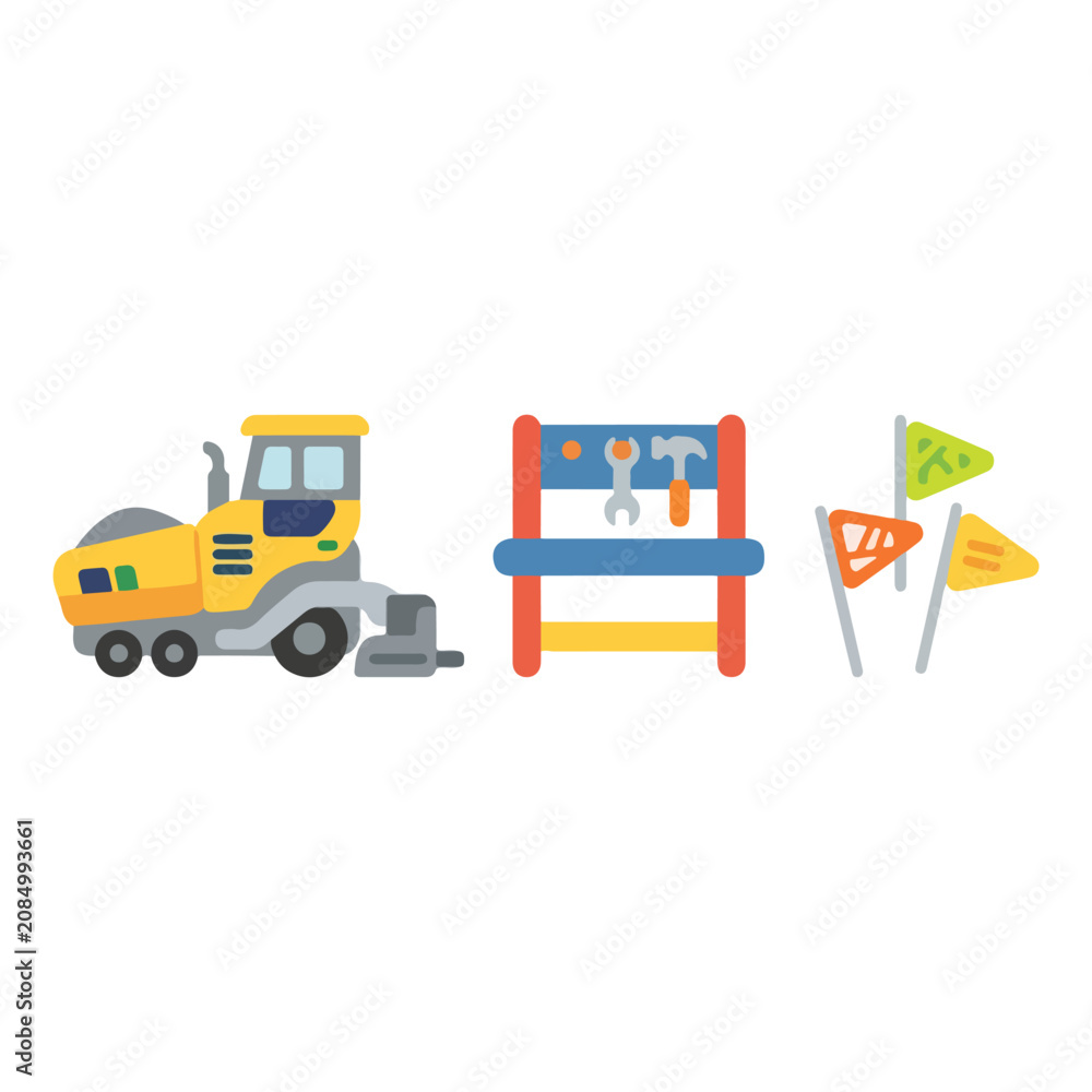 Naklejka premium A collection of construction-related icons featuring a yellow road paver, a workbench with tools, and three colorful safety flags on sticks.