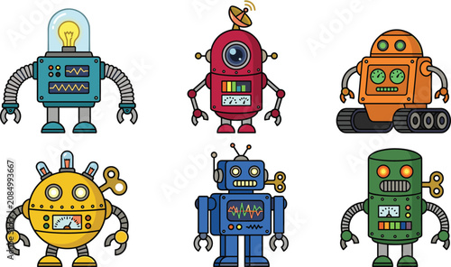 Cuadro en lienzo Cute retro robot collection featuring vintage toy robots, futuristic androids an