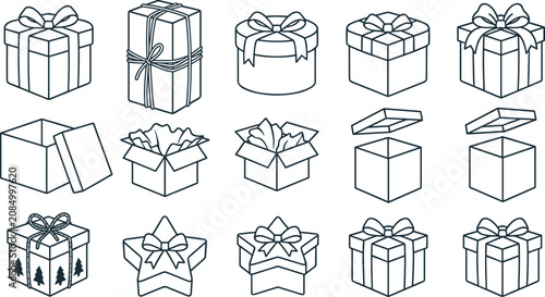 Obraz na plátně Gift box outline icon collection featuring wrapped presents, open packages and d