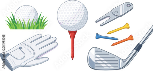 Photography Golf equipment collection featuring golf ball tee club glove divot tool and acce