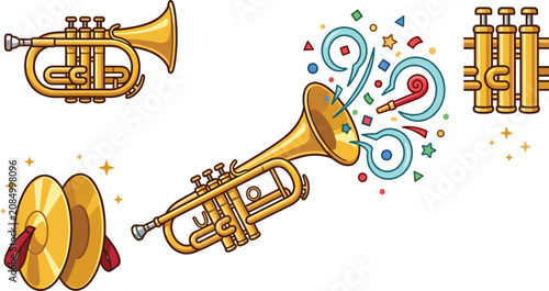 Photography Golden trumpet and brass band instruments vector illustration collection featuring cymbals pocket trumpet valves confetti and party blower elements