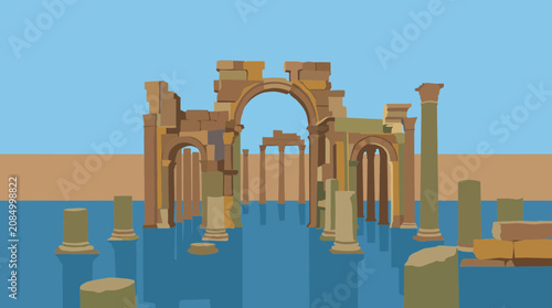 Schilderij op canvas Flooded Heritage Site Ancient Ruins Partially Submerged