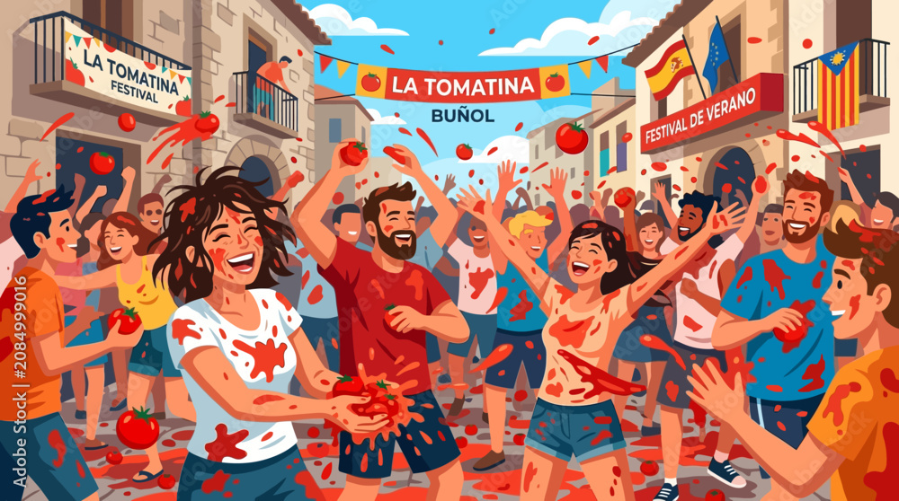 Obraz premium People celebrate La Tomatina festival by throwing tomatoes on crowded street