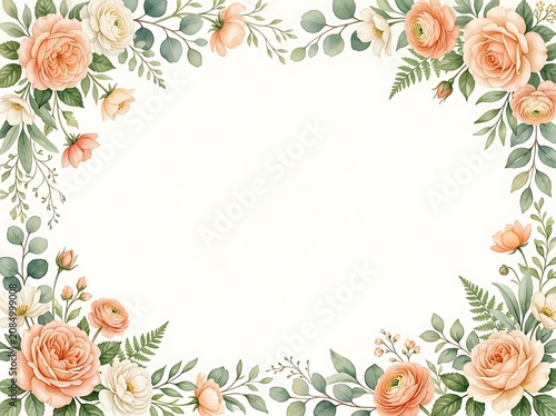 Watercolor Floral Frame with Peach Roses and Eucalyptus Leaves on White Background