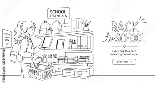Back to school shopping illustration with supplies and essentials