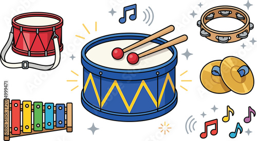 Fotografie Marching band percussion vector collection featuring bass drum snare drum cymbal