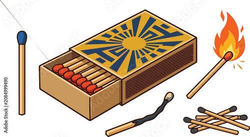 Schilderij op canvas Matchbox and wooden match collection featuring matchsticks, burning match, burnt