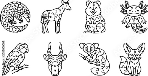 Bild auf Leinwand Educational Wildlife Jigsaw Puzzle Animals Vector Set