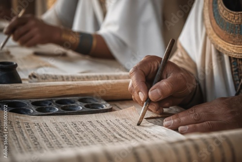 Ancient Scribes Writing on Scrolls, Studying Old Manuscripts in Historical Setting