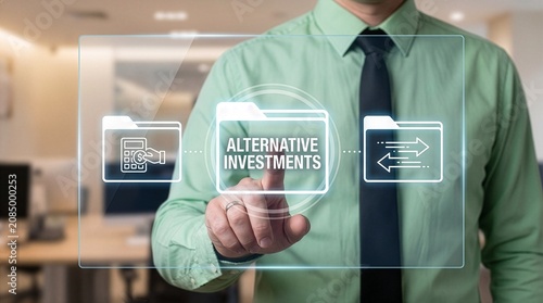 Concept of alternative investments. Diverse investment strategies and financial analysis. New concept