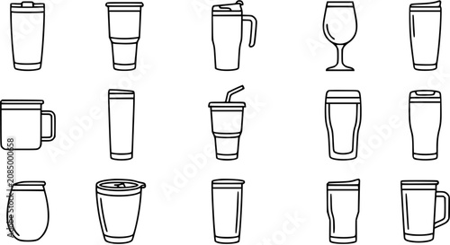 Фотография Black and White Line Art Icons of Various Drinkware and Cups, Including Tumblers