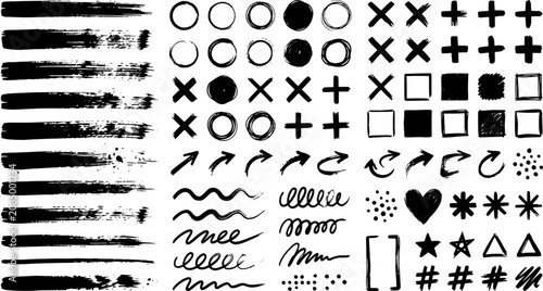 Hand drawn brush stroke icon set including shapes, circles, crosses, arrows and design elements in a distressed ink texture style.