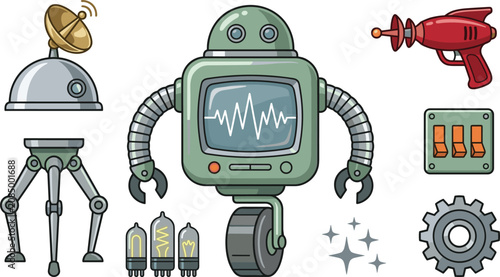 Fotografía Retro robot and vintage sci-fi technology vector illustration collection featuring a unicycle droid ray gun antenna tripod switches and gear elements