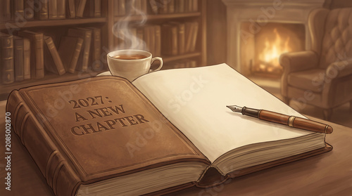 Open leather bound book with fountain pen depicting 2027 a new chapter in a cozy setting