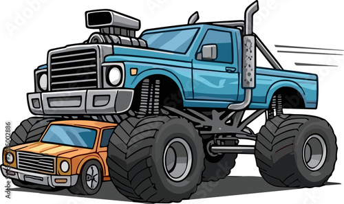 Bild auf Leinwand Blue monster truck crushing orange car, cartoon style, extreme power