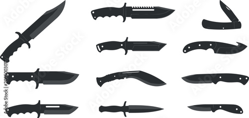 Tactical hunting knife collection featuring survival combat folding and fixed blade knives isolated black silhouette vector illustration