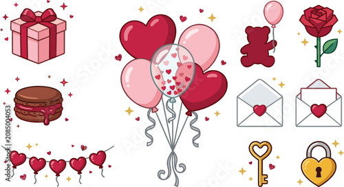 Valentine Day romantic love elements vector illustration collection featuring heart balloons gift box macaron rose teddy bear envelope key and lock.