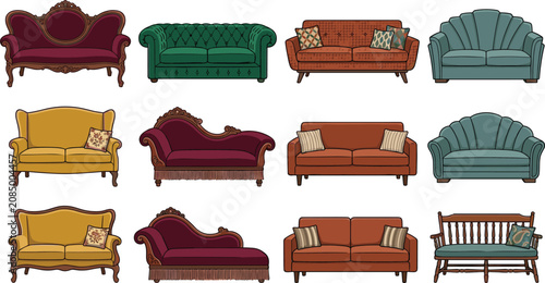 Obraz na płótnie Vintage and modern sofa collection featuring classic couches loveseats chaise lo