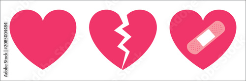 Broken heart cartoon set, cute cracked heart characters with sad, crying and emotional expressions, love breakup, heartbreak and relationship concept, colorful vector illustration and design isolated 