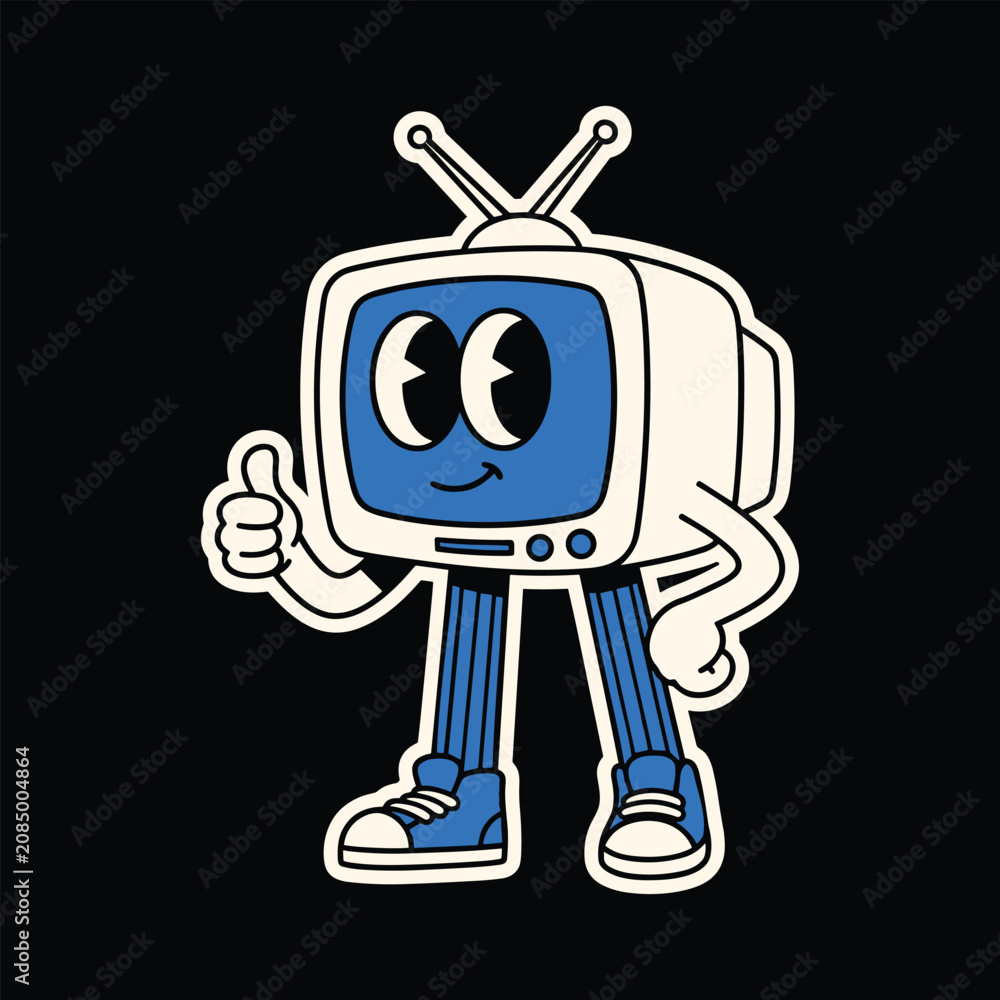 Naklejka premium Retro Cartoon TV Mascot Giving a Thumbs Up Illustration in Vintage Rubber Hose Style