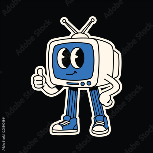 Retro Cartoon TV Mascot Giving a Thumbs Up Illustration in Vintage Rubber Hose Style