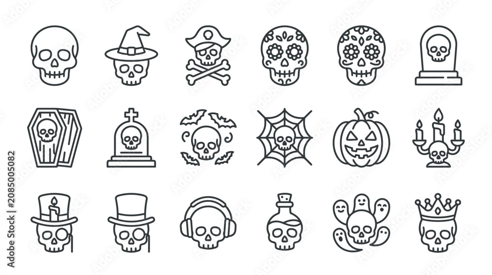 Fototapeta premium Halloween skull icons with various hats and symbols