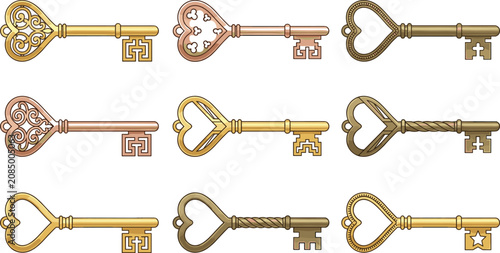 Foto Vintage skeleton key collection featuring ornate antique heart shaped decorative