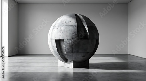 Brutalist concrete sphere sculpture in empty gallery room.